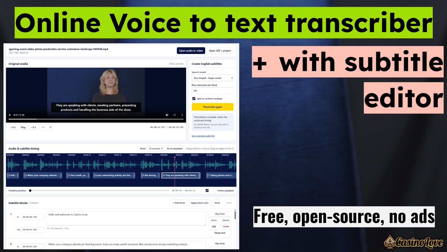 An audio waveform connected to subtitle blocks